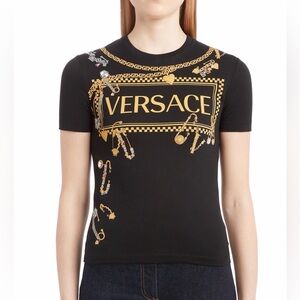 Versace Black Tee with Gold and Multicolor Details